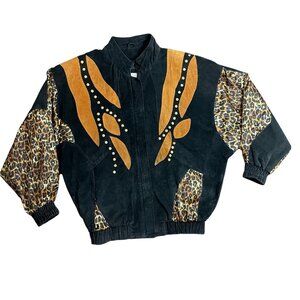 Vintage Atlantic Beach Leather Coat Works Bomber Jacket Women's XL Leopard Print